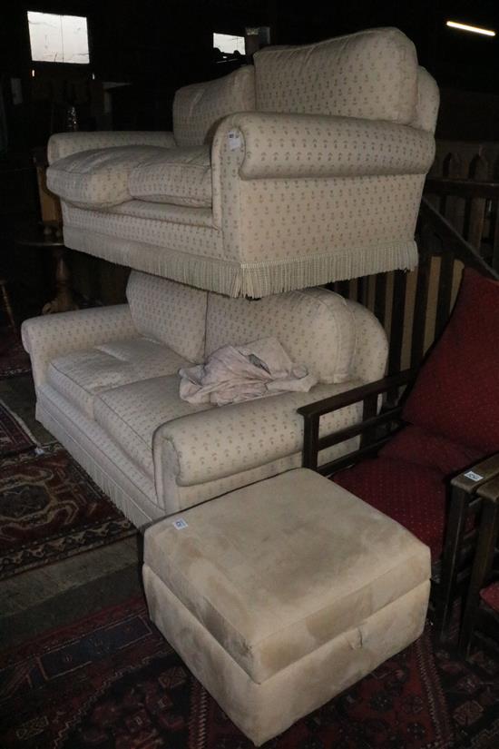 Pair of ivory fabric sofas & stool